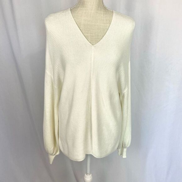 1. State Sweater Long Balloon Sleeve Horizontal Ribbed V Neck Ivory Women’s M - Picture 1 of 13
